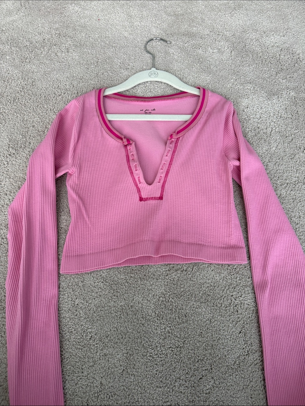 Urban Outfitters Pink Ribbed V-Notch Long Sleeve Crop Top